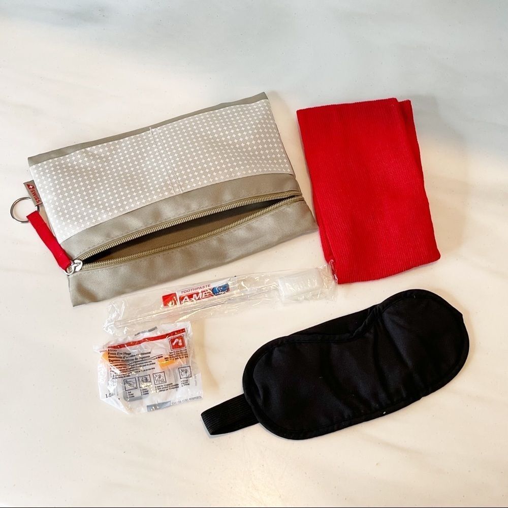 Swiss Travel Amenity Bag kit Flight mask socks Ear plugs toothpaste toothbrush